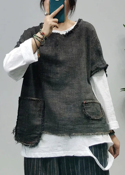Black O-neck Asymmetrical Pocket Linen Tank Tops Short Sleeve