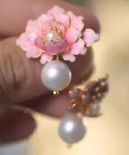 Pink Alloy Pearl Drip Glaze Peach Blossom Stud Earrings