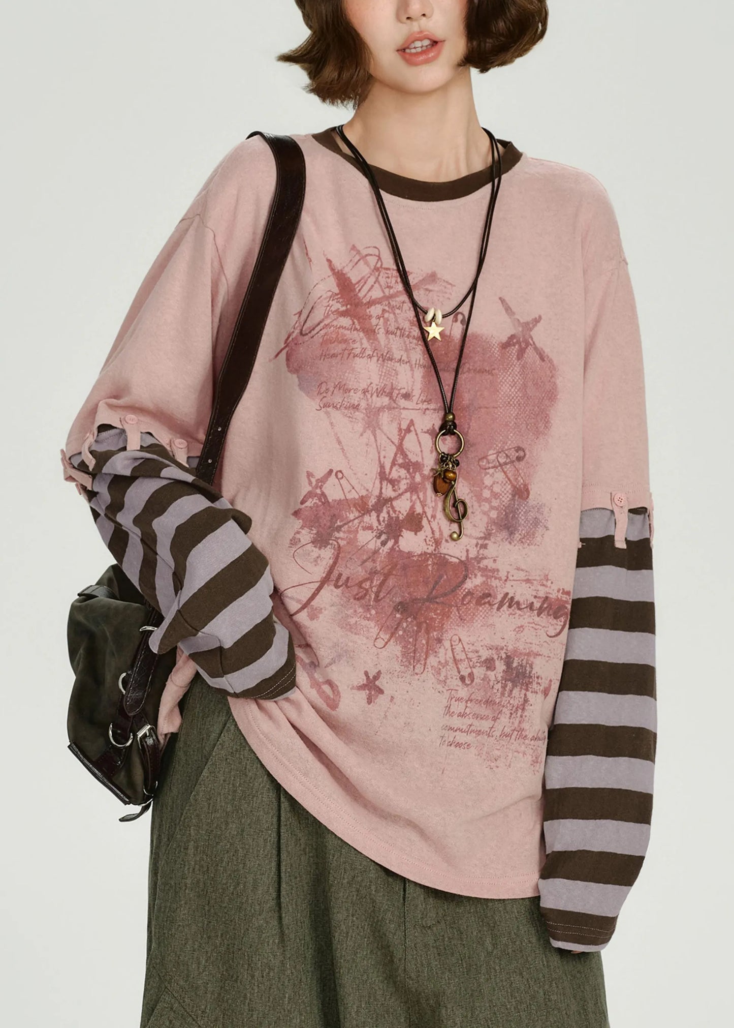 Diy Pink Oversized Patchwork Cotton Fake Two Piece Pullover Spring