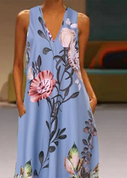White V Neck Print Long Dresses Summer