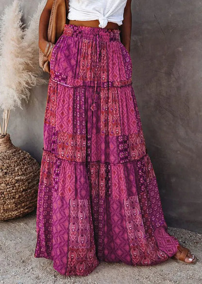 Purple Print Ruffled Patchwork a Line Skirt