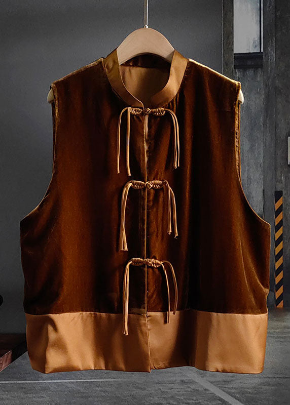 Chocolate Tasseled Patchwork Chinese Button Silk Velour Vest Sleeveless