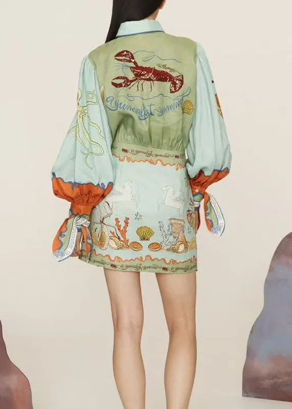 Asymmetrical Print Lace Up Cotton Dress Long Sleeve