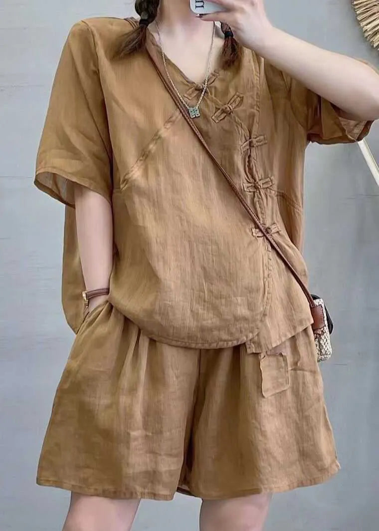 Retro Light Brown Chinese Button Tops and Shorts Cotton Two Pieces Set Summer