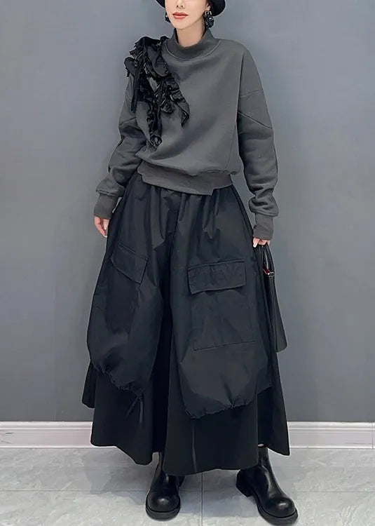 Stylish Grey Ruffled Sweatshirt and Black Skirts Cotton Two Piece Set Fall