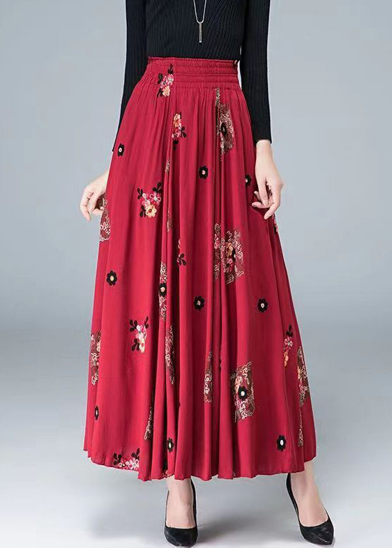 Loose Red Embroideried High Waist Patchwork Cotton Skirt Fall