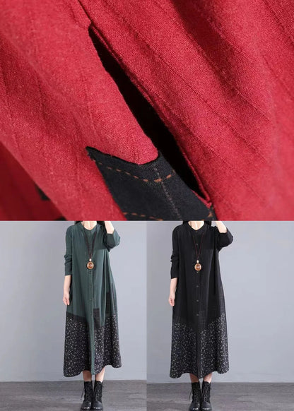 Red Print Pockets Patchwork Cotton Long Dresses Fall