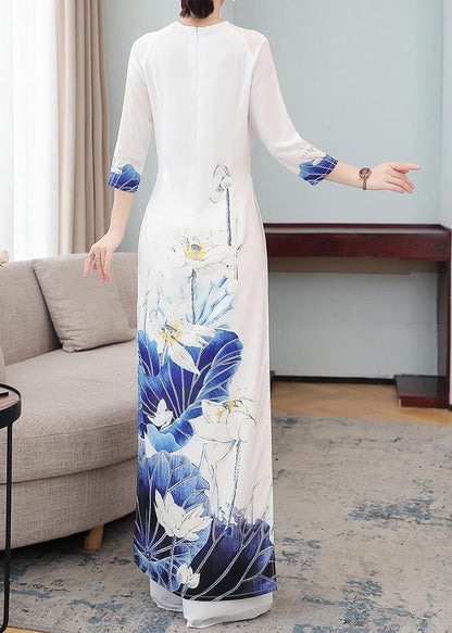 Boutique White O-neck Print Side Open Two Pieces Set Fall