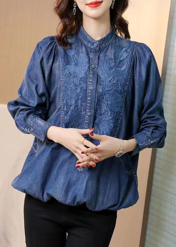 Boutique Blue Stand Collar Embroideried Patchwork Denim Top Fall