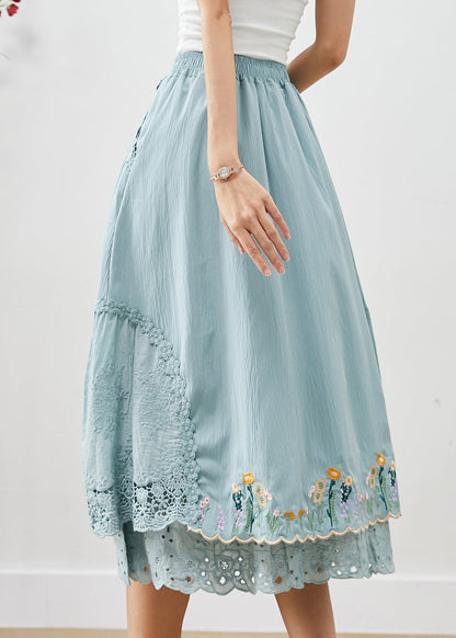 Natural Sky Blue Embroideried Patchwork Cotton Skirt Spring