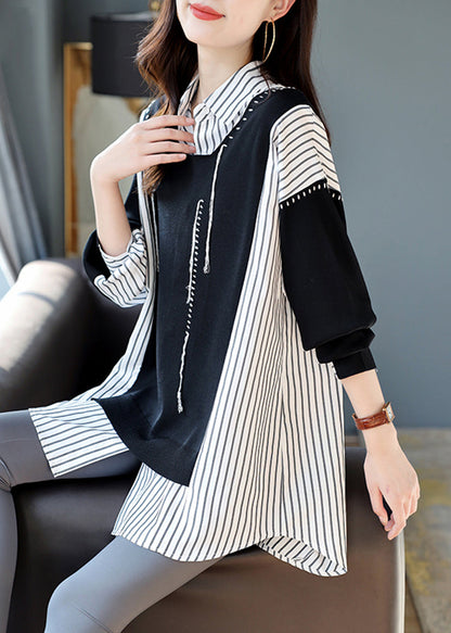 Black Striped Patchwork Low High Design Fake Two Pieces Shirt Long Sleeve