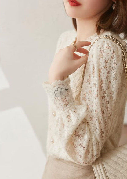 Beige Hollow Out Button Lace Patchwork Tops Lantern Sleeve