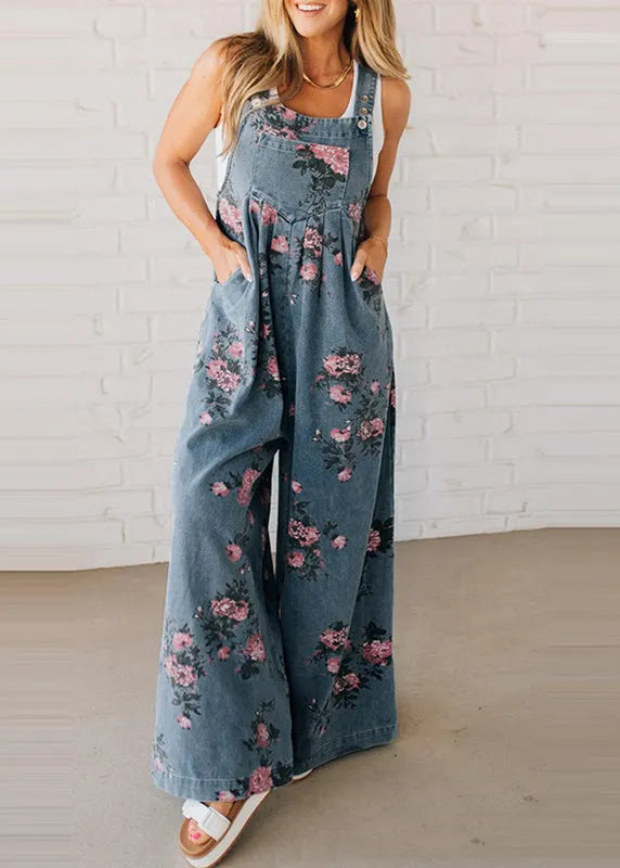 Blue Oversized Print Denim Jumpsuits Spring