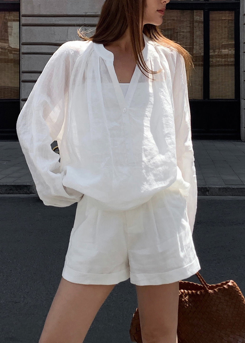 Loose White Long Sleeve Top and Shorts Cotton Blend Two Pieces Set