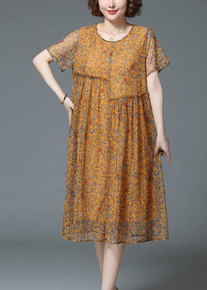Yellow O-neck Wrinkled Ruffled Print Chiffon Dress Short Sleeve