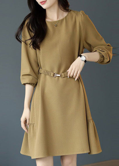Khaki O Neck Sashes Cotton Mid Dress Long Sleeve