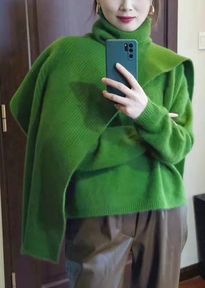 Unique Green Asymmetrical Design Turtle Neck Thick Knit Sweaters Long Sleeve