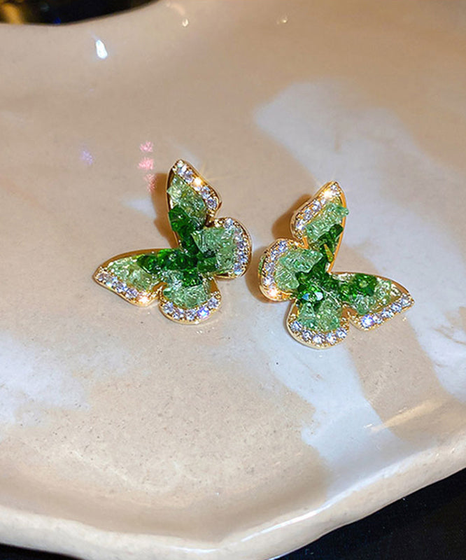 Green Copper Zircon Crystal Butterfly Stud Earrings