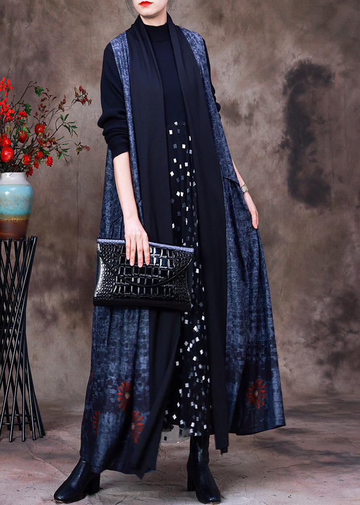Blue Peter Pan Collar Print Velour Coats Sleeveless