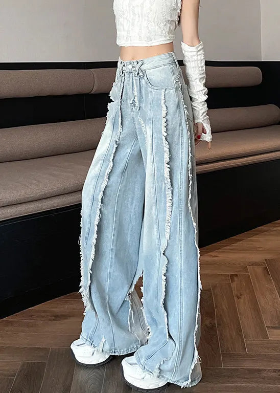 Original Design Blue Raw Edge Pockets High Waist Denim Pants Fall
