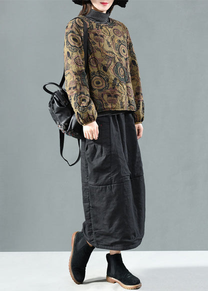 Black O-neck Print Fine Cotton Filled Pullover Spring