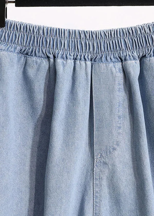 Light Blue Pockets Patchwork Denim Shorts Summer