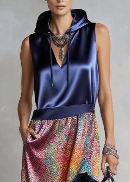 Italian Navy Ruffled Patchwork Print Silk Robe Dresses Sleeveless