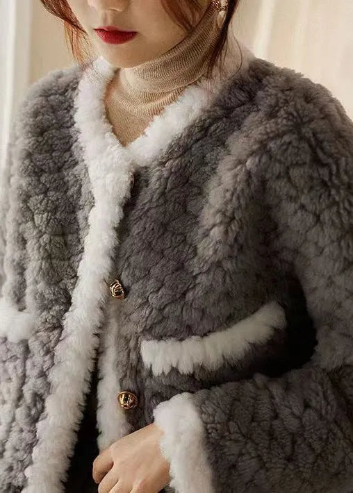 Grey O Neck Pockets Patchwork Wool Coat Winter