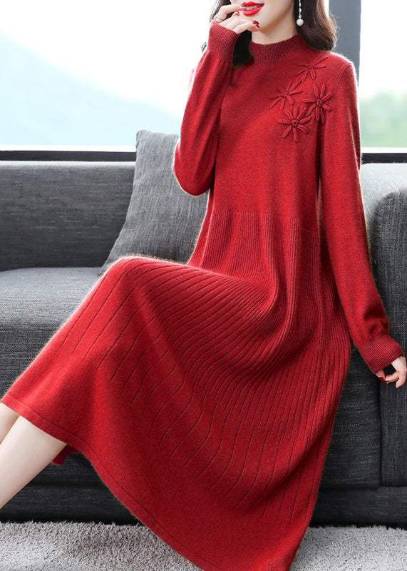 Yellow Patchwork Woolen Dress Embroideried Turtleneck Fall