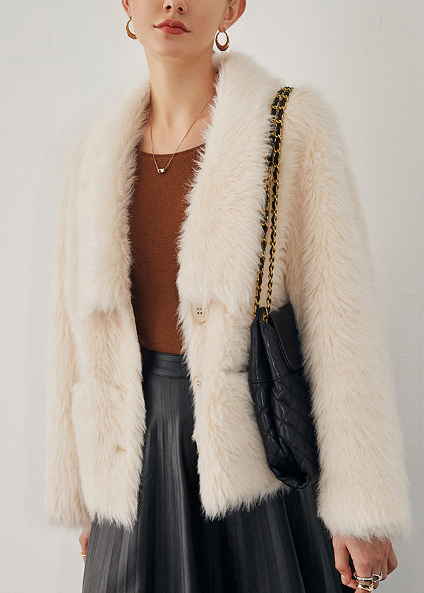 Beige Button Pockets Woolen Coat Winter