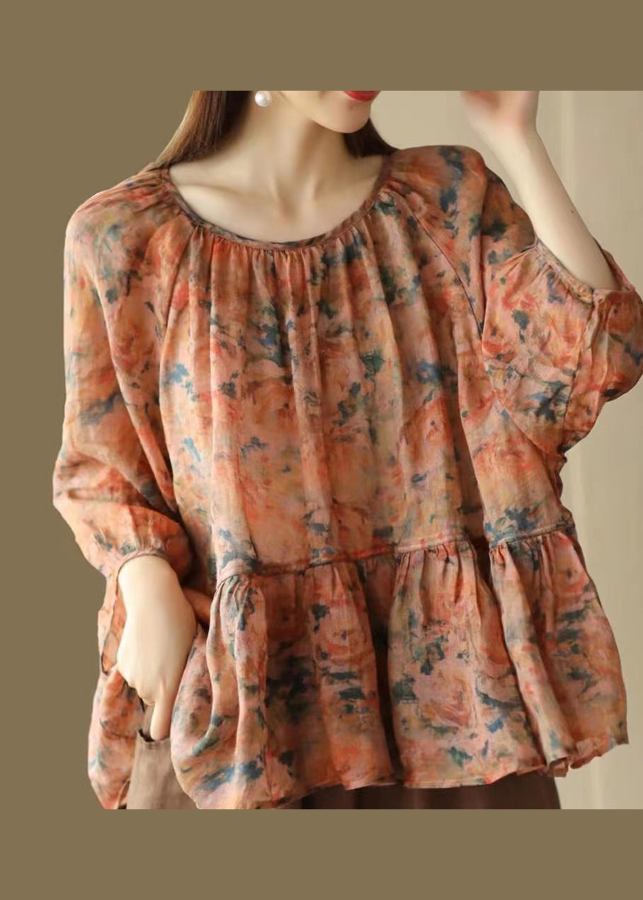 Green O Neck Print Patchwork Linen Shirts Summer