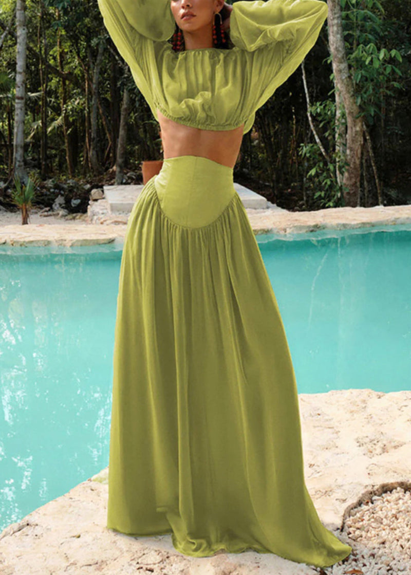 French Green Wrinkled Lace Up Tops and Skirts Cotton Two Pieces Set Spring
