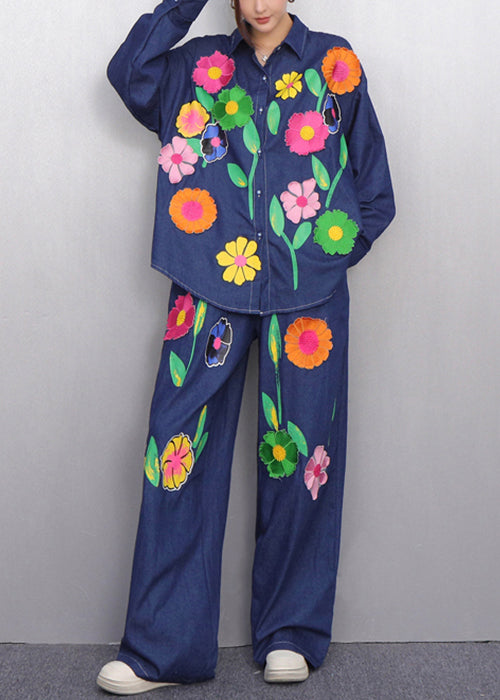 Colorful Navy Button Shirts and Pants Denim Two Pieces Set Fall