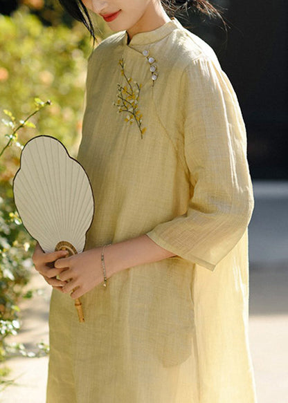 Classy Yellow Embroideried Button Linen Dresses Bracelet Sleeve