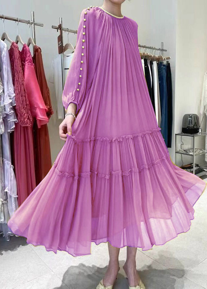 Diy Yellow O-neck Nail Bead Ruffled Silk Dress Long Sleeve