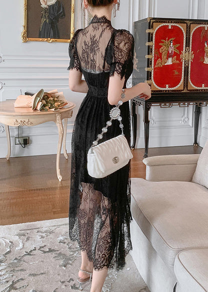 Fine Black Lace Vest and Maxi Dress Two Pieces Set Short Sleeve