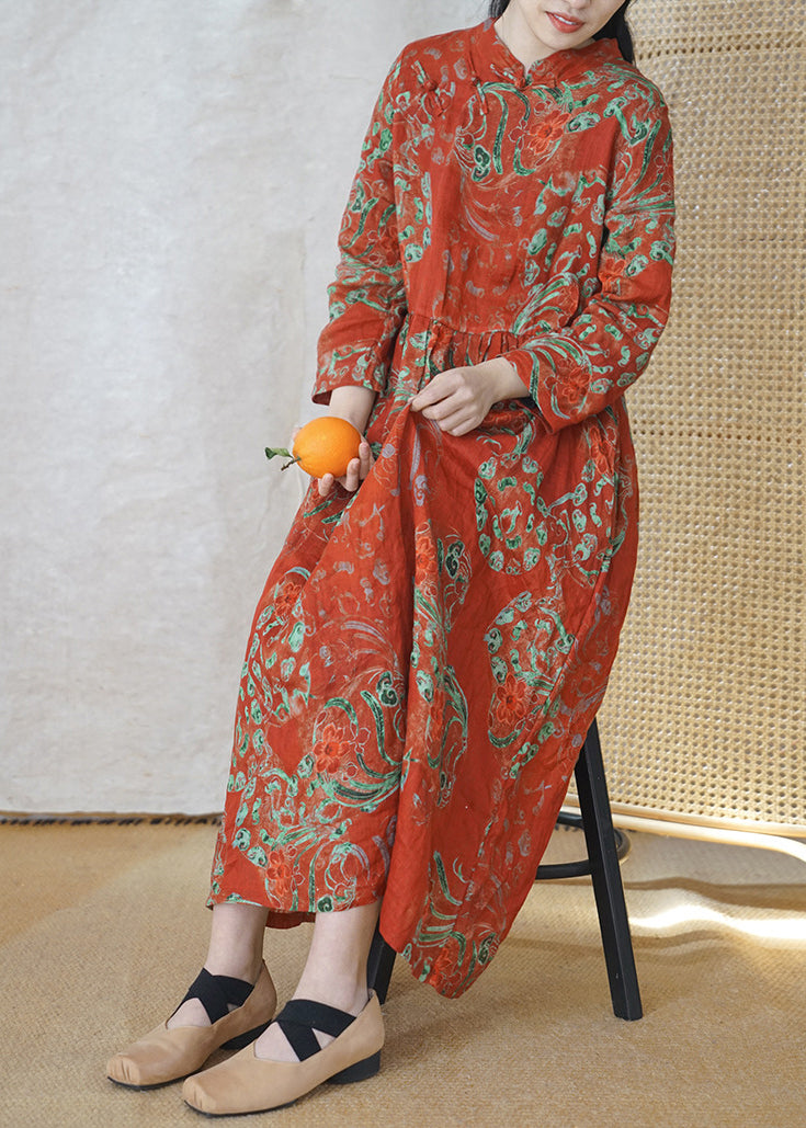 Chinese Style Red Mandarin Collar Cinched Print Linen Dress Long Sleeve