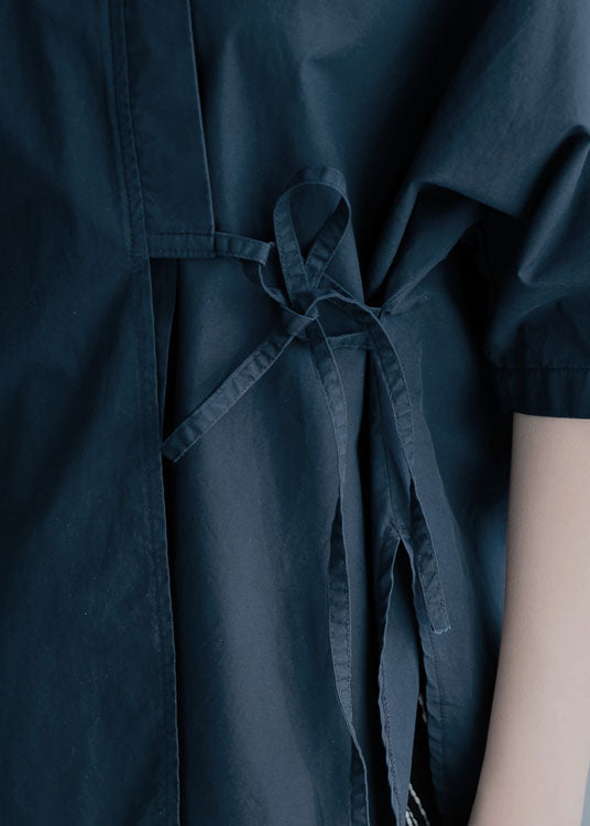 Organic Navy Cinched Cotton Blouses Half Sleeve