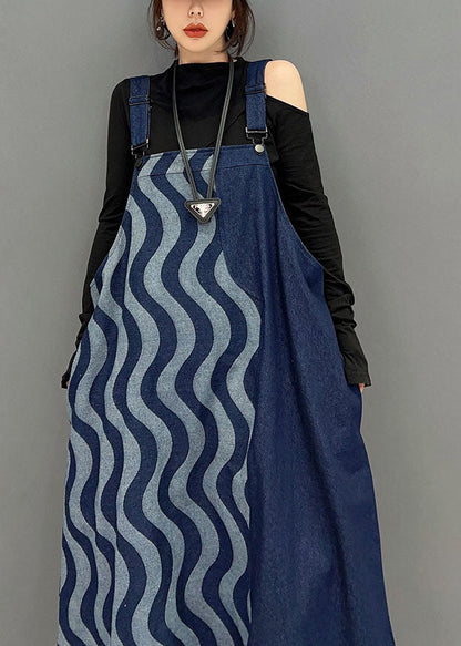 Blue Patchwork Cotton Denim Strap Dresses Spring