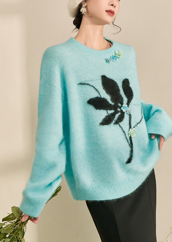 Blue Print Patchwork Thick Cotton Knit Sweater Long Sleeve Winter