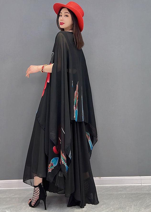 French Black Slash Neck Asymmetrical Design Print Chiffon Two Piece Set Batwing Sleeve