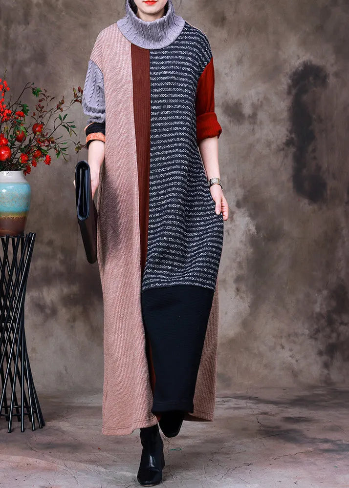 Turtleneck Striped Patchwork Knit Long Sweater Dress Long Sleeve
