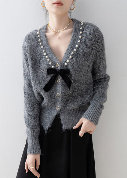 Boutique Dark Grey V Neck Nail Bead Knit Cardigan Spring