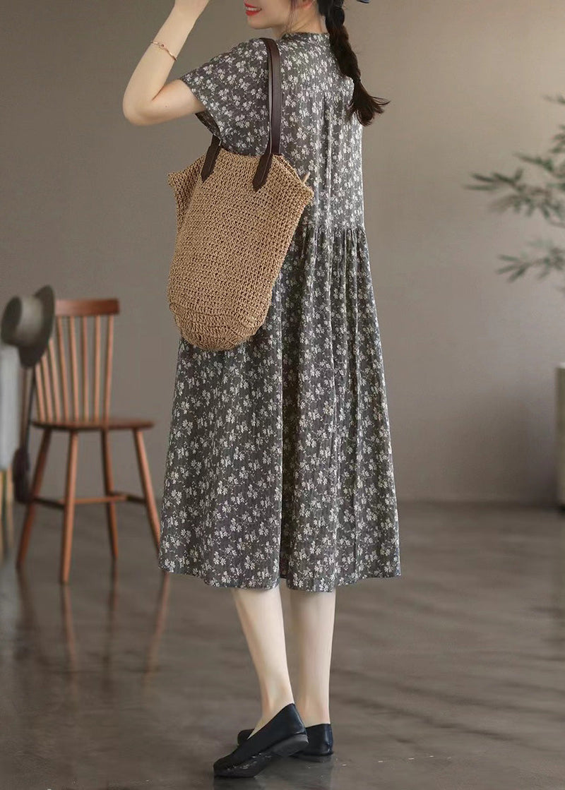 Retro Grey Stand Collar Print Linen Long Dresses Summer