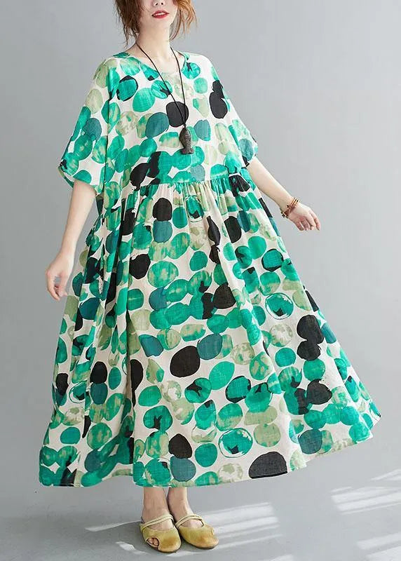 Green Dot Print Pockets Summer Vacation Dresses Half Sleeve