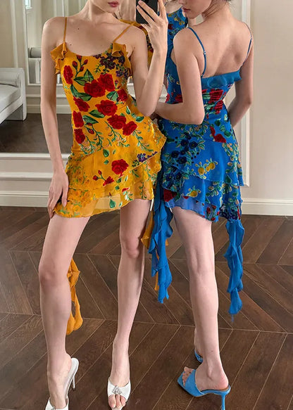 Yellow Ruffled Print Vacation Mini Dress Summer