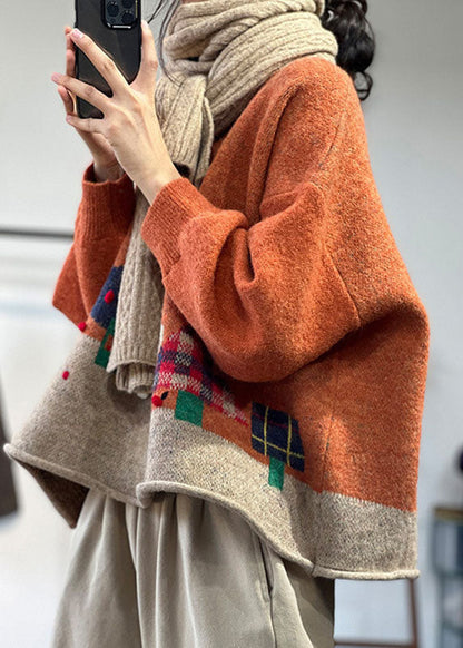 Orange O-neck Oversized Cartoon Print Knitted Tops Winter