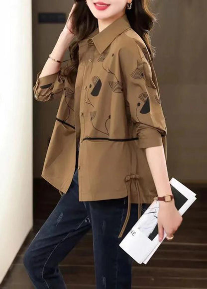Diy Coffee Peter Pan Collar Print Chinese Button Cotton Coat Fall