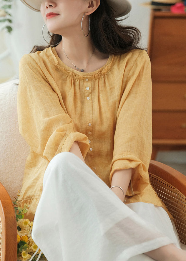 Modern Yellow O-neck Button Linen Shirt Tops Three Quarter Sleeve