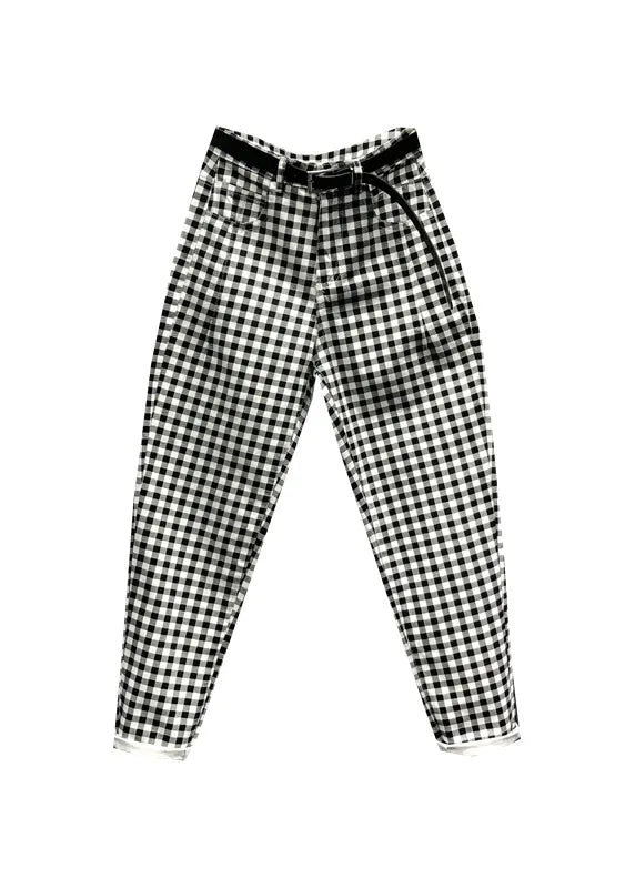 Black Plaid Pockets Patchwork Denim Pants Fall